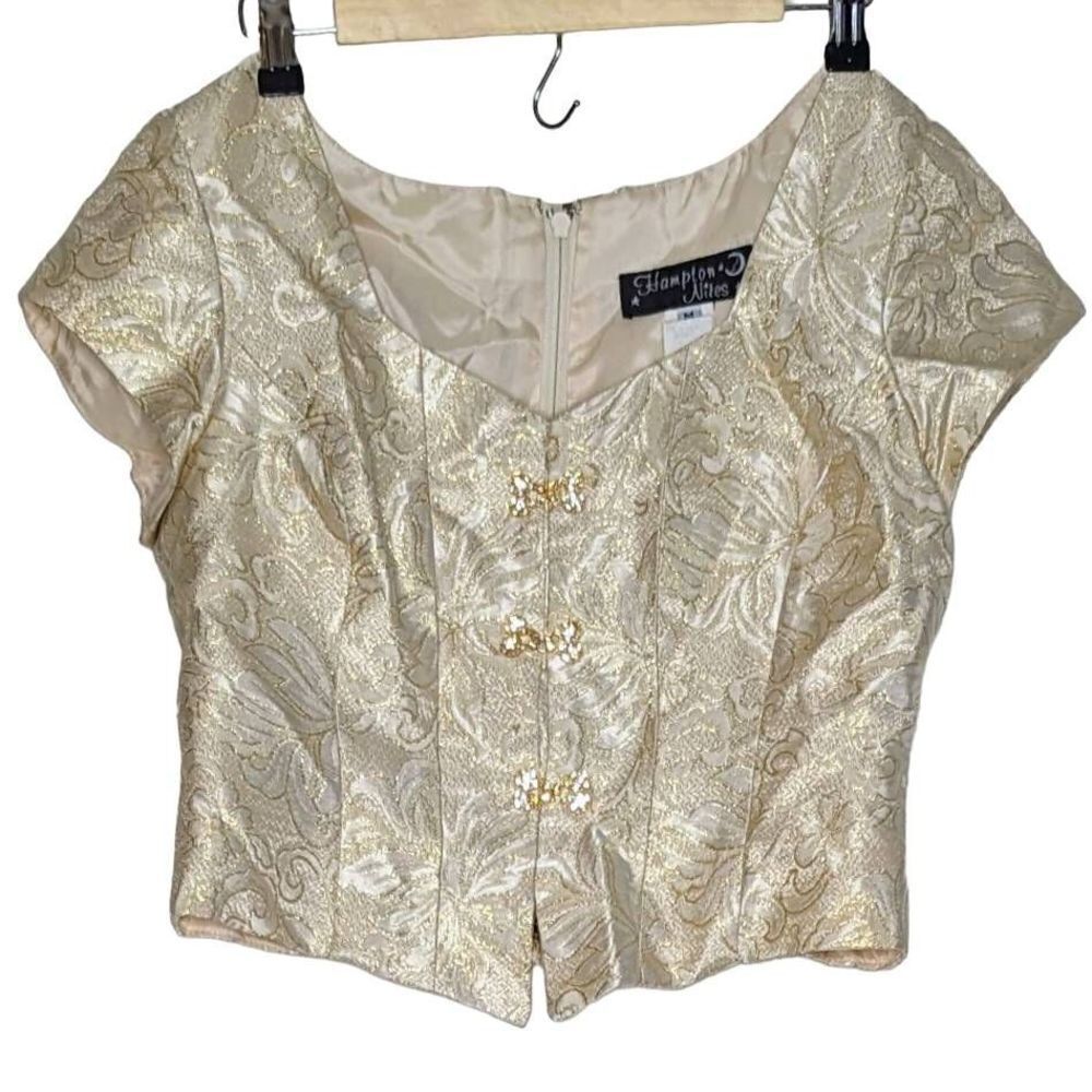 Hampton Nites Embroidered Metallic Cropped Blouse Pleated Skirt Beige Sz Medium - Picture 6 of 15